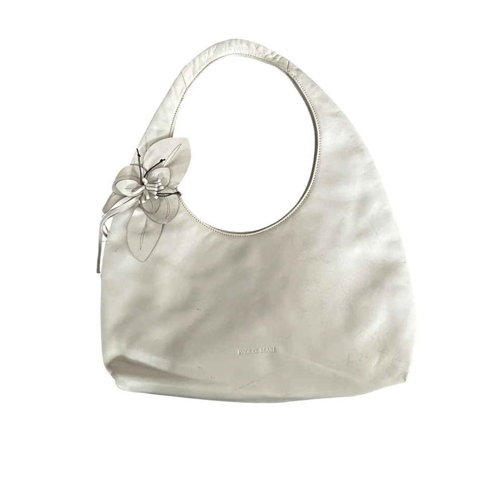 Paolo Masi Italian Leather Hobo Bag White Shoulder Purse Floral Accord Flower
